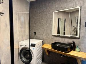 a bathroom with a washing machine and a sink at Flakstad beach house Silo B in Vareid +38 photos