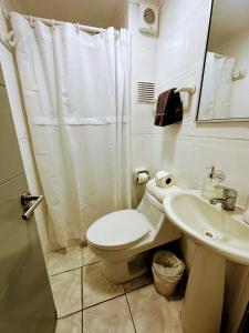 a bathroom with a toilet and a sink and a shower at Hotel Terra Iquique in Iquique