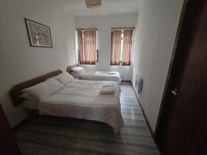 a bedroom with two beds and two windows at The Garve Flats in Garve