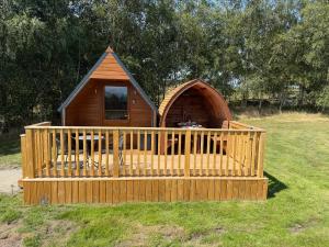 a wooden cabin in a field with a fence at Meadow View Glamping Hut in Tregaron