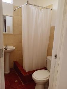 a bathroom with a toilet and a sink with a shower curtain at Villa Garden in Ica