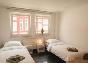 two beds in a room with two windows at COMFY Gemütliche Unterkunft 013 in Ditzingen