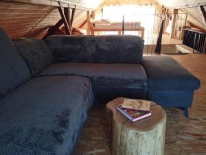 a living room with a blue couch and a table at Hillside Bio Resort Delux Apartments in Šešče pri Preboldu