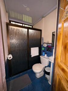 a bathroom with a white toilet and a shower at Casa Colibrí Nature, Pool and Tranquility in Sarapiquí +5 photos