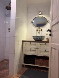 a bathroom with a sink and a mirror at Kokodáák in Troskotovice +34 photos