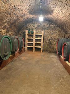 a wine cellar with barrels and shelves of wine bottles at Kokodáák in Troskotovice