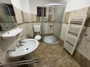 a bathroom with a sink and a shower and a toilet at Casa Sf Nicolae in Sinaia +35 photos