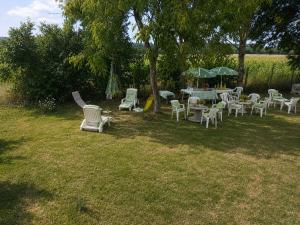 a group of chairs and tables with umbrellas in a yard at Les pieds dans l'eau Pergola in Fleurville