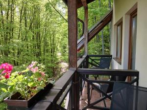 a balcony of a house with flowers on it at Casa Sf Nicolae in Sinaia