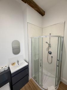 a bathroom with a shower and a sink at Nova Rooms in Thirsk