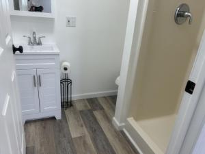 a white bathroom with a sink and a shower at Loft Apartment by the River Fort Edward in Fort Edward
