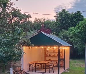 a gazebo with a table and chairs and lights at Guest house Gio in Kobuleti