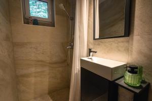 a bathroom with a sink and a shower at Unique Forest Lodge Bled in Bled