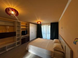 a bedroom with a large bed and a television at Vila La Cazemată Bucov in Satu Bucovei