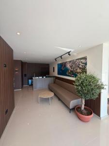 a living room with a couch and a potted plant at Hotel Mediterraneo Liman in Ulcinj