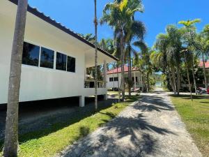 a house with palm trees next to a road at Baan Sawang hidden in tropical calm in Ban Tai