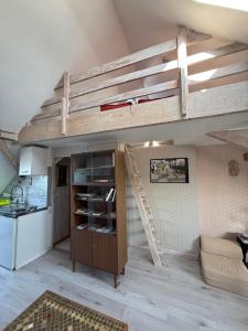 a loft bed in a room with a kitchen at maison d'artiste chez Bé in Brunstatt
