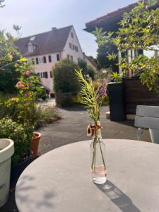 a glass vase with flowers sitting on a table at Adler Stetten ob Lontal in Niederstotzingen