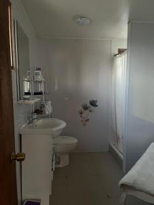 a white bathroom with a sink and a toilet at Hospedajes CyC in Llanquihue