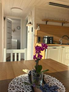 a vase with purple flowers sitting on a table at Domek Chabrowy Gowidlino in Gowidlino