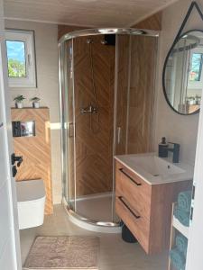 a bathroom with a shower and a sink at Domek Chabrowy Gowidlino in Gowidlino