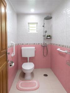 a pink bathroom with a toilet and a shower at Cascata- Pousada Encanto Do Mar in Santa Irene +11 photos