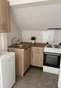 a small kitchen with a sink and a stove at Harmony apartment in Foča