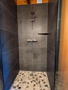 a shower with a shower head in a bathroom at Chalet Tramontane, gîte tout confort in Xonrupt-Longemer +32 photos