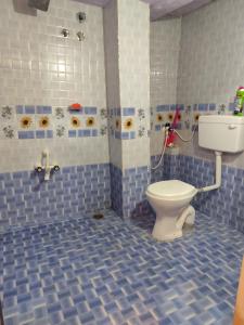 a bathroom with a toilet and a blue tiled floor at Durga Devi Home stay in Hospet