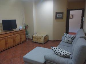 a living room with a couch and a flat screen tv at La Garzona in Losar de la Vera