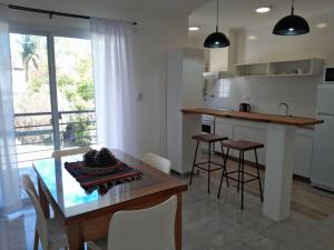 a kitchen with a table and some chairs and a counter at Aparts Lio Nell in Colón