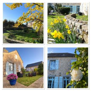 four different pictures of different houses and flowers at O Jardin Sakura Chambres et table d'hotes sur la route du Mont Saint-Michel in Val Couesnon