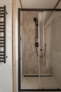 a shower with a glass door in a bathroom at U Trabanta - apartament, noclegi w centrum Bukowiny z widokiem na góry in Bukowina Tatrzańska +31 photos