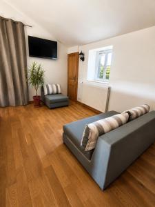 a living room with a couch and a television at Domaine de Beau Site in Peyrat-de-Bellac