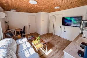 a living room with a couch and a flat screen tv at Bright 2 Bedroom, Private Garden in Herzliya