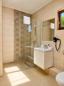 a bathroom with a shower and a sink and a toilet at Pensiunea Lara in Râşnov +117 photos