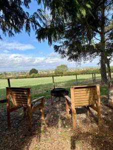 two benches and a grill in front of a field at Pinetree Lodge, Cotswolds in Mickleton