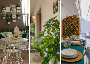 three pictures of a dining room with a table and plants at Armea Suite Apartment in Trani