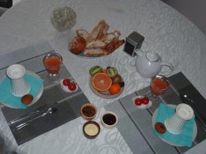 une table avec une assiette de nourriture et des verres de jus d'orange dans l'établissement La Pergola, à Châteauneuf-du-Pape