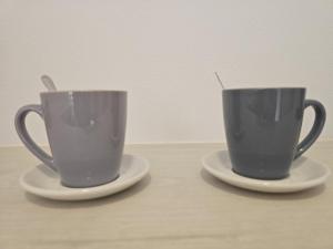 two coffee cups sitting on saucers on a table at Hostal La Mancha in Ruidera