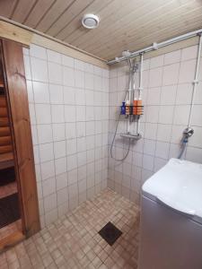 a tiled bathroom with a shower and a sink at Vähäreinari, mökki Ylläksellä in Ylläsjärvi +26 photos