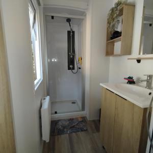 a bathroom with a shower and a sink at Terracotta Lodge - Un cocon chaleureux pour des vacances inoubliables in Nibelle +5 photos