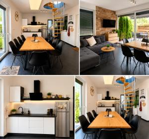 a kitchen and living room with a table and chairs at Domki Heaven Kujanki in Kujanki +14 photos