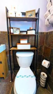 a toilet in a bathroom with a shelf above it at Live Oak Home with Garden Studio in Gainesville