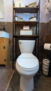 a bathroom with a white toilet and a sink at Live Oak Home with Garden Studio in Gainesville
