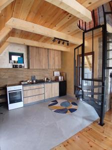 a kitchen with a spiral staircase in a house at Chalet Anika in Kolašin +6 photos