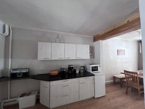 a kitchen with white cabinets and a counter top at Casa Vinea in Freyburg
