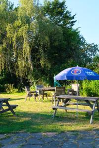 a picnic table with an umbrella in the grass at The St Crispin Inn in Worth