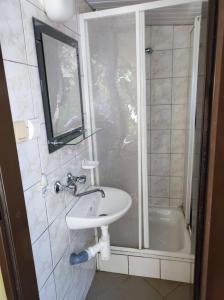 a small bathroom with a sink and a shower at Domki u Ani in Białka