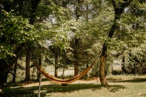 a hammock hanging from a tree in a park at Domki u Serowarki z Jacuzzi w cenie in Polańczyk